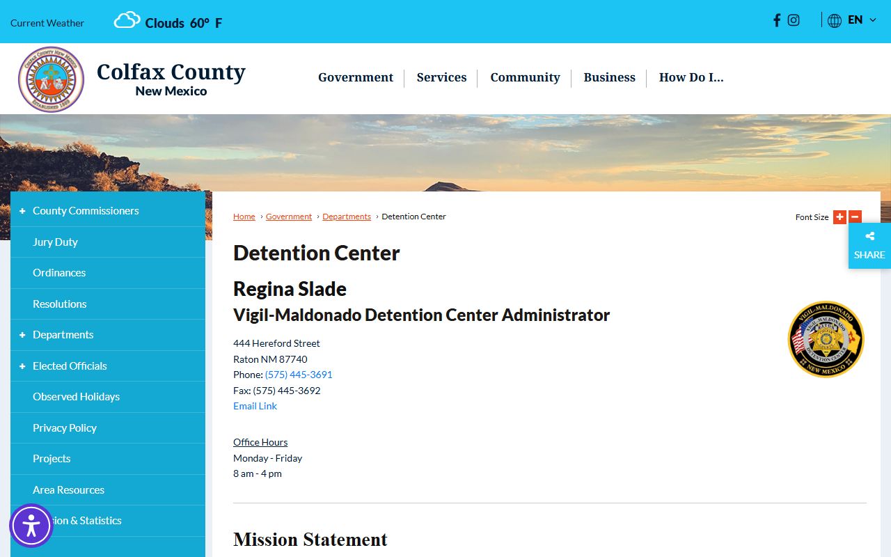 Colfax County inmate population detention center page